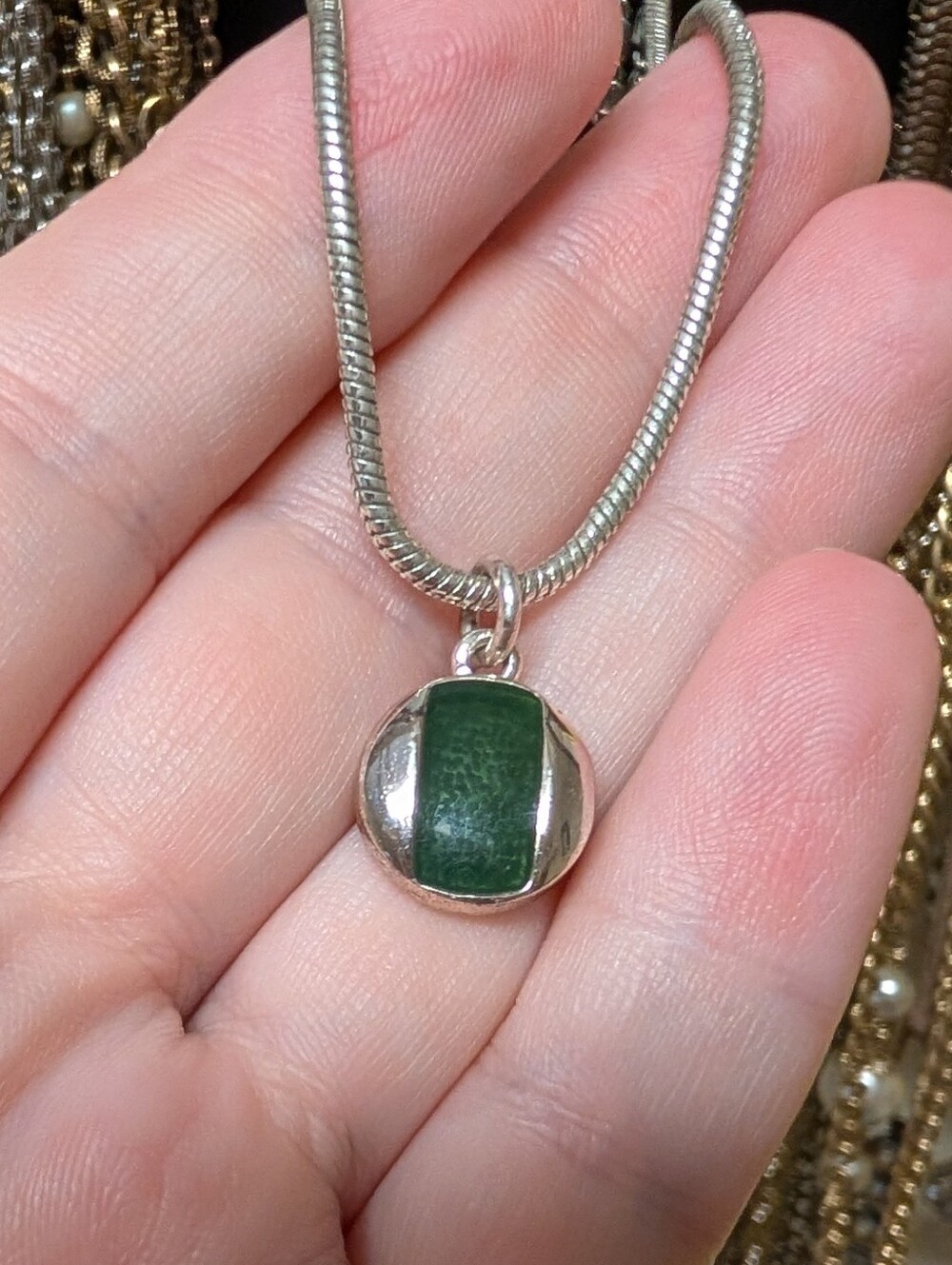Monet Green Enamel Round Pendant Necklace